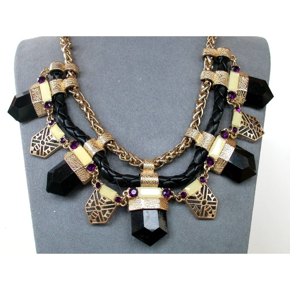 Gold Tone Necklace W/ Black & Purple Accents 16" Chain & 3" Extension /Chain / B